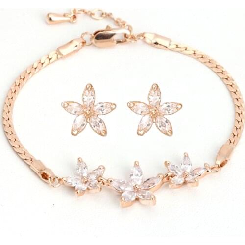 ZHOUYANG Jewelry Sets For Women Cute Elegant Crystal Flower Rose Gold Color Earrings Bracelet Wedding Gift Fashion Jewelry S523
