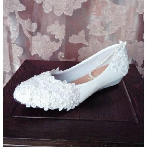 3cm wedges heel white lace wedding shoes for woman ankle sweet beading elastic straps brides bridesmaid lady party dress shoes