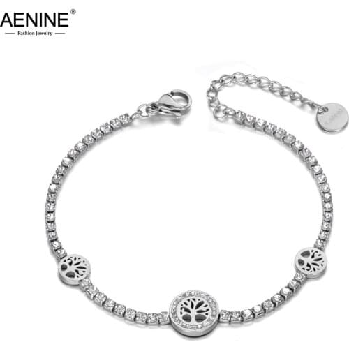 AENINE Trendy Clay Rhinestone Love Tree Charm Bracelets For Women Stainless Steel CZ Crystal Chain Bracelet For Women AB19136