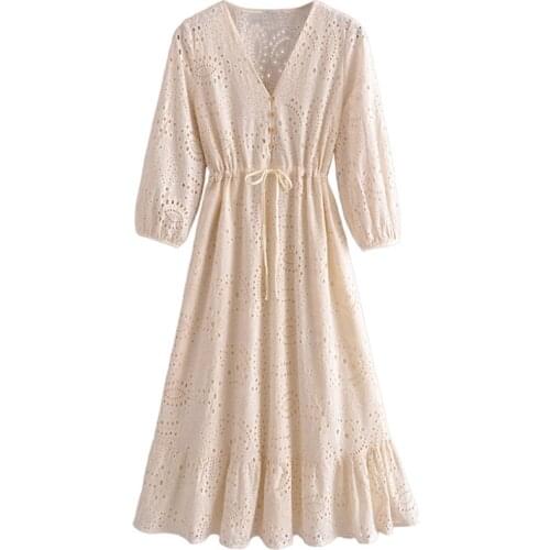 Sweet Embroidery Hollow Out Midi Dress Women V Neck Lantern Sleeve Dresses Female Elegant A Line Solid Cotton Dress