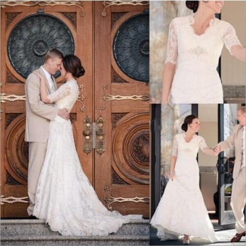 Hot Sale Long A-line White Lace applique Wedding Dress 2016 Romantic half sleeve bride dresses vestidos de novia wedding dresses