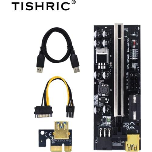 TISHRIC VER009C Graphics Card Plus PCIE Riser Card Extension Cable SATA 1X to 16X 6Pin 8 Capacitors Extender Mining Miner