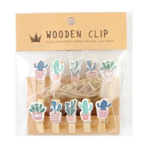 10 pcs/lot Succulent plants Wooden Clip Photo paper Clothespin Craft Clips Party Decoration Clip with Hemp Rope