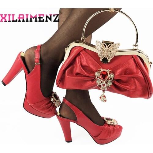 2020 Red Concise Style Italian Women Shoes And Bag To Match Set African High Heels Party Shoes And Bag Set For Wedding Dress