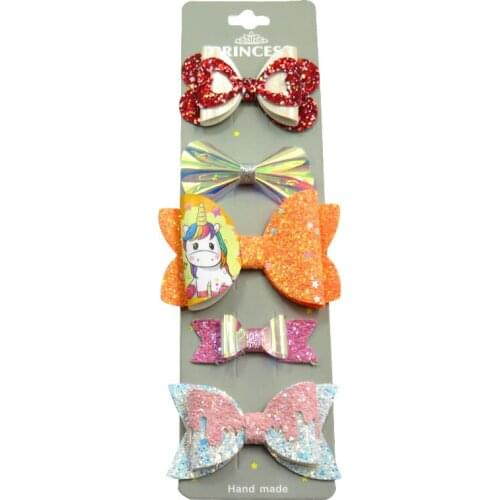 5PCS/SET Pretty Orange Unicorn Baby Girls Clip Leather Bow Child Tie Knot Creativity Handmade Hairpins Hair Accessories For Kids