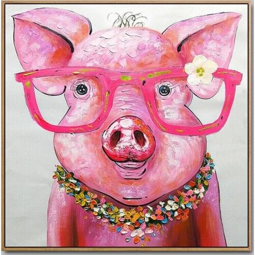 Abstract Home Decor Wall Art Pink Piggy With Glasses Oil Painting on Canvas for Pub, Beer Bar, Hotel , Office Room Decoration