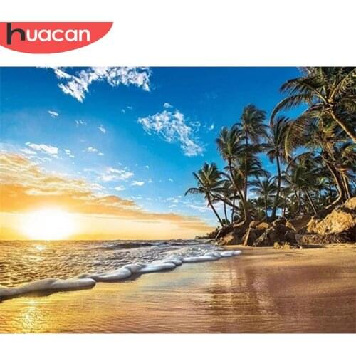 HUACAN Diamond Painting Seaside Landscape Diamond Embroidery Sunset Mosaic Coconut Tree Decoration For Home
