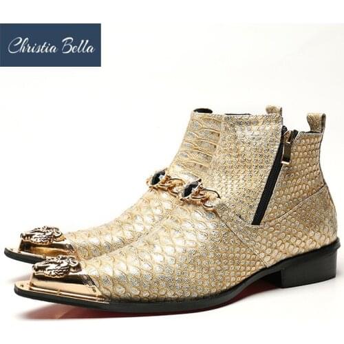 Christia Bella Winter Snake Skin Men Shoes Genuine Leather Boots Fashion Metal Toe Boots Plus Size Ankle Crystal Chain Boots