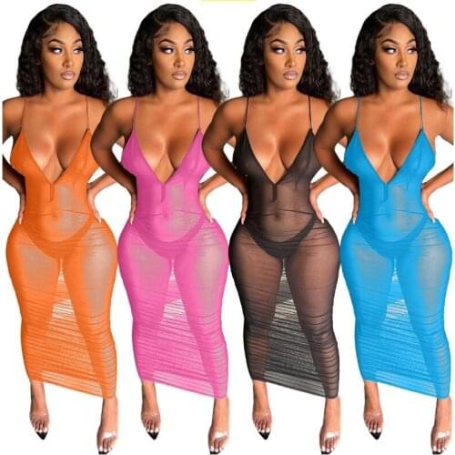 Cutubly Mesh See Through Maxi Dresses Spaghetti Strap Summer Dresses For Women Beach Solid V-Neck Sexy Club Party Dress