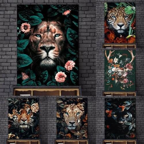 Lion Wrapped in Greenery Scandinavia Canvas Paintings on the Wall Art Posters and Prints Animals with Flower Pictures Home Decor