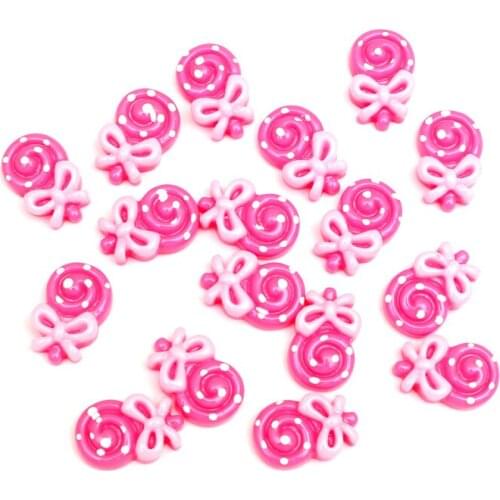 50Pcs Fuschia Lollipop Pink Bow Decoration Crafts Beads Frame Flatback Cabochon Scrapbook Kawaii DIY Embellishments Accessories