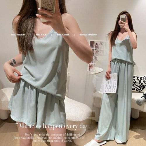 2021 Summer Ice Silk Solid Color Home Wear Sling Three-Piece Korean Style Solid Color plus Size Suitable for Daily Wear Suit