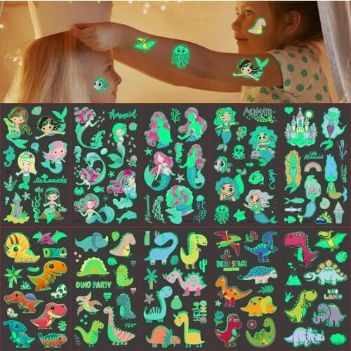 M`J 5pcs/set Waterproof Sweatproof in Summer Tattoo Sticker Glow The Unicorn Mermaid Pirate Women Kid Temporary Tattoos Stickers