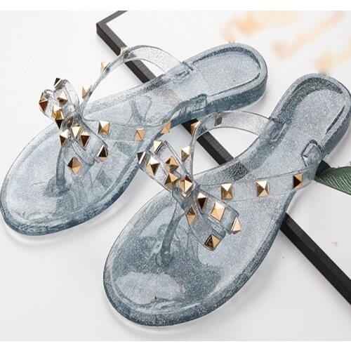 Fashion Woman Flip Flops Slippers Rivets Ladies Slides Flat Shoes Casual Transparent Jelly Sandals Girl Ourdoor Beach Footwear