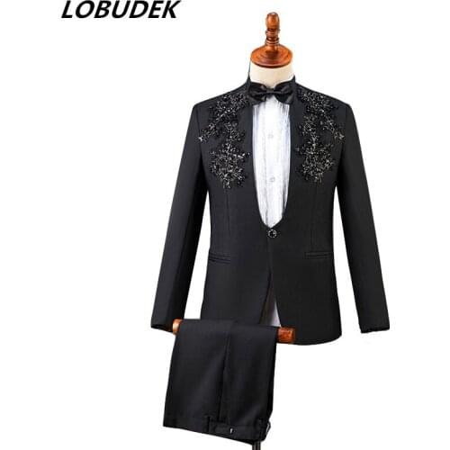 Men Stand Collar Sparkly Sequins Blazer Suits Adult Costume Male Chorus Performance Clothes Wedding Dress Singer Host Slim Suit