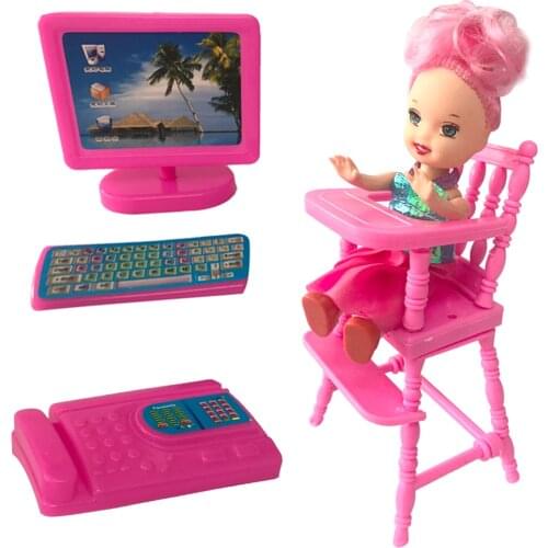 NK 4 Items/Set Doll Accessories Fashion Mini Computer +keyboard+ Fax Phone +Chair For Barbie Doll Kelly Doll Office Toys