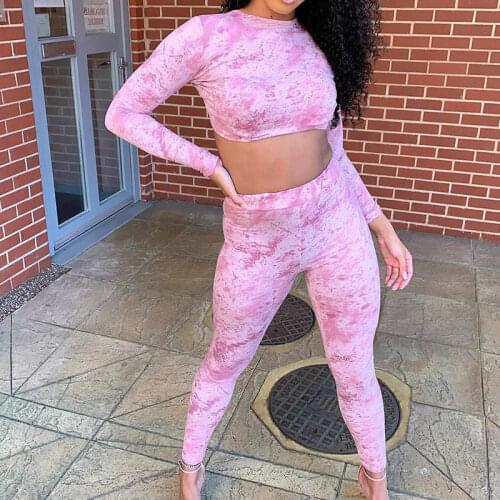 BAMBOOBOY Autumn New Womens Sexy Printed Open Back Lace Up Top Pants Casual Fitted Bodycon Two Piece Set ZL1337