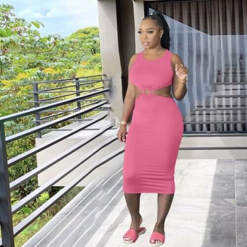 Sexy Summer Waist Band Cut Out Bandage Midi Dress 2021 Plus Size Solid Sleeveless Backless Bodycon Dress Vestidos Party Clubwear