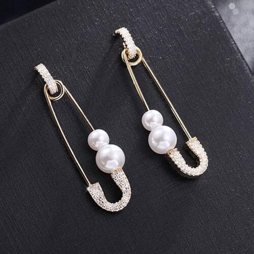 HUAMI 2021 New Design Korea Fashion Earrings for Women 925 Silver Needle U Shape Zircon Pearl Drop Earring Gold Color Retention