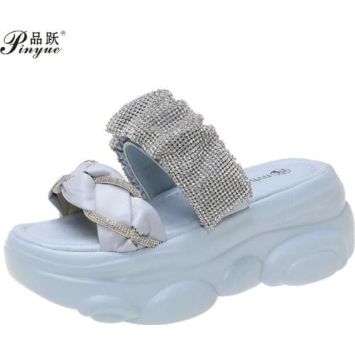 Summer Bling Flip Flops Women 7CM Heels Wedge Sandals Peep Toe Ladies Hollow Out Slides High Platform Beach Flip-Flop Woman