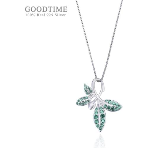 Fashion Women Pure 925 Sterling Silver Leaf Shape Green Zircon Pendant Clavicle Chain Necklace Jewelry Accessory For Dress Up