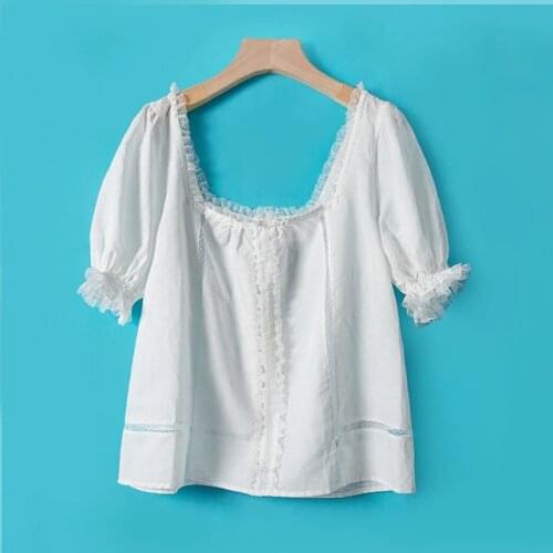 Women Cotton Square Neckline Short Sleeve Blouse Top With Buttoned Back Closured & Ruffled & Lace Patchwork & Hollow Out Detail
