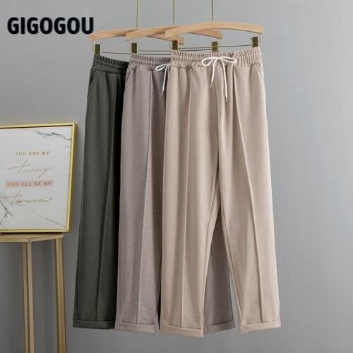 GIGOGOU S-2XL Spring Summer Women Harem Pants High Waist Drawstring Solid Peg Leg Fly Capri Pant Workwear Trouser Carrot Pants