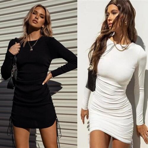 New Autumn/Winter 2021 Pure Color Dress Women Fashion Temperament Slim Round Collar Long Sleeve Casual Skirt