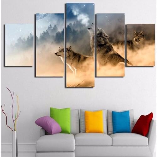 Canvas Art Painting Three Wolves In The Mountains Roar Wall Pictures Modern Home Decor for Living Room 5 Panels