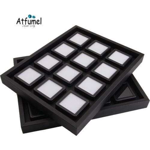12slot 5.5cm Glass Gemstone Diamond Jewelry Display Box Black PU Loose Diamond Display Holder Stone Gem Storage Organizer Box