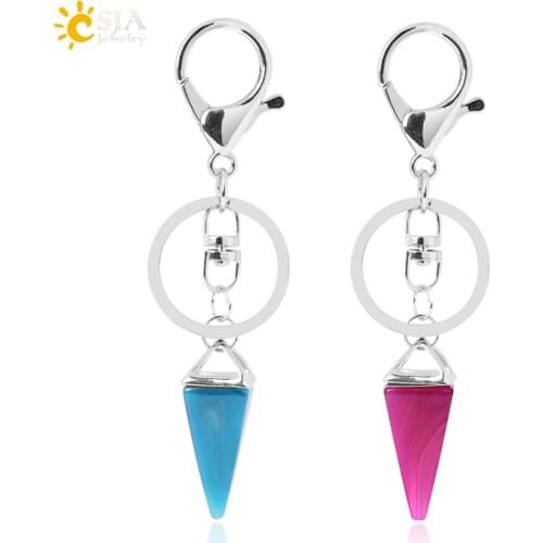 CSJA Pyramid Door Car Keychains Key Ring Holder Big Lobster Clasp Circle Bag Hanging Buckle Natural Stone Pink Quartz Green E816