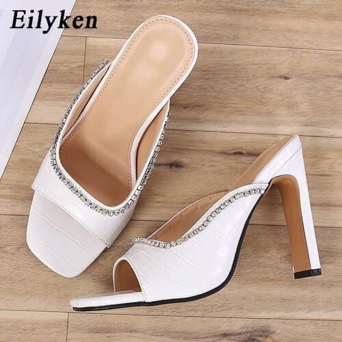 Eilyken Fashion Rhinestones Crystal Women Slippers Open Toe Mules Slides High Heels 2021 New Summer Outdoor Elegant Dress Shoes