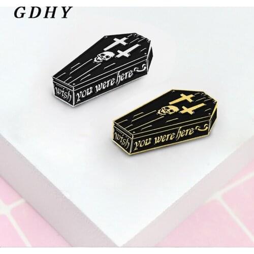 GDHY Wish You Were Here Coffin Cross Brooch Black Coffin Skeleton Enamel Pin Halloween Coat Badge For Kids Gift Jewelry