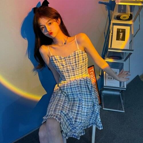 Plaid Sling Dress Female Summer New Style Korean Waist Sweet First Love Skirt Short Skirt Dress