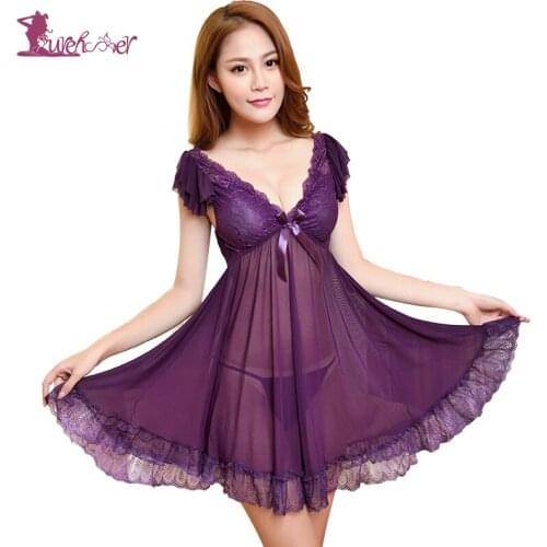 Lurehooker 2018 Sexy Lingerie Perspective Sheer Sleep Dress Deep V-Neck Temptation Nightdress Erotic Underwear Porn Lace Pajamas