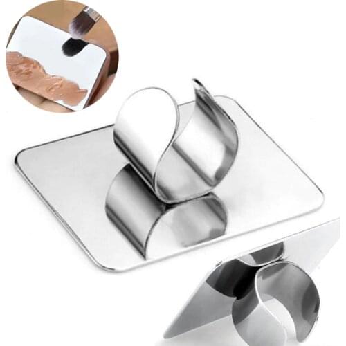 Mayitr 1pc Mini Finger Ring Color Palette Makeup Cream Foundation Nail Art Mixing Color Palette Stainless Steel Adjustable Plate