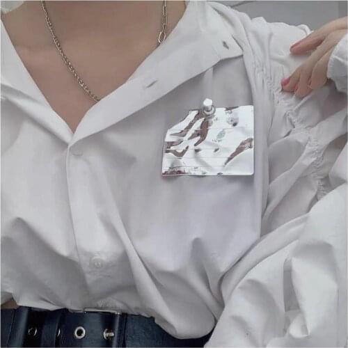 HUANZHI 2020 NEW Hip Hop Cool Geometry Irregular Metal Folds Letter Badge Decoration Brooch for Women Men Overcoat Accessories