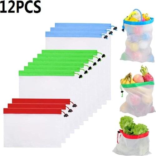 12PCS Portable Reusable Grocery Bags Fruit Vegetable Toys Sundries Bag Washable Mesh Organic Handbag Net Tote