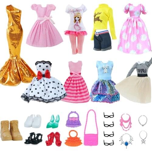 Fashion Doll Clothes Pink Doll Dress Pleated Skirt Grey Shirt Pants Sport Outfit Bikini Shoes Accessories for 12 Inch Doll House