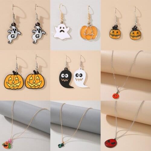 Halloween Necklace Earring Set-Pumpkin ghost bat spider funny jewelry Womens clavicle Necklace for Halloween