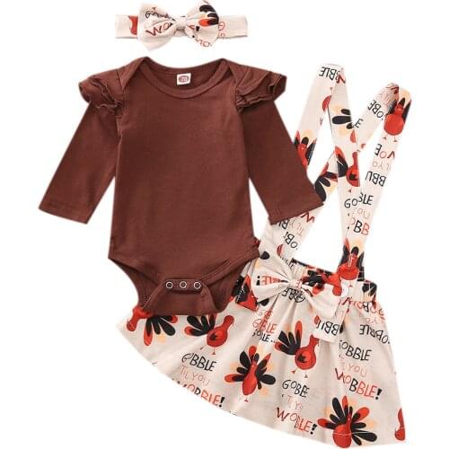 Infant Baby Girl Thanksgiving Outfit Long Sleeve Bodysuit+Turkey Suspender Overall Skirt+Headband Set (Brown,0-18 Months)