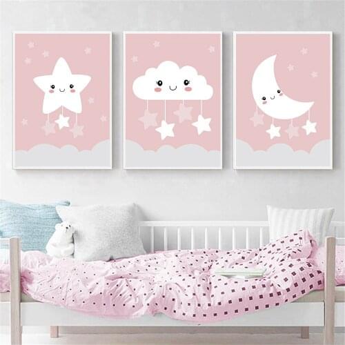 Pink Star Cloud Posters And Prints Nursery Wall Art Poster Moon Canvas Painting Nordic Wall Pictures Baby Girls Room Decoration