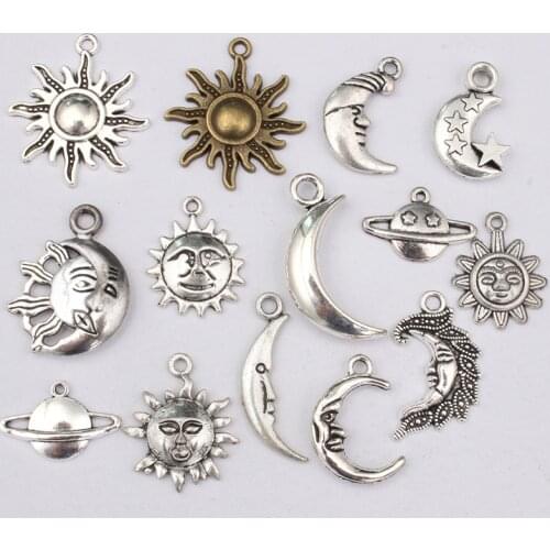 20-30PCS Moon/Sun/Face Charms for Jewelry Making Smooth Tibetan Silver/Bronze Metal Pendants for DIY Necklace Bracelet Crafting