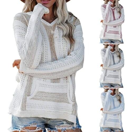 Women V Neck Patchwork Hooded Sweater Casual Long Sleeve Knitted Sweater Top Striped Elegant Pullover Jumpers
