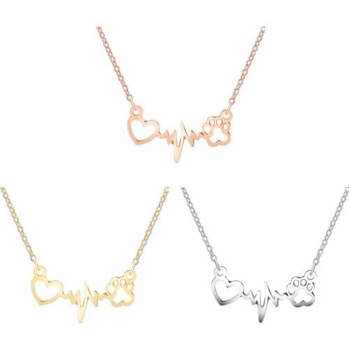 Trendy Cat Dog Paw Heart Heartbeat Electrocardiogram Pendant Necklace Elegant Chain Lovely Animal Jewelry Gifts For Women