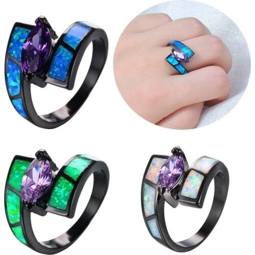 Vintage Blue Imitation Fire Opal Rhinestones Black Ring For Women Accessories Jewelry Wedding Party Charm Statement Gift