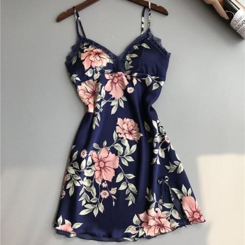 Sanderala Plus Size Sexy Women Lace Sleepwear Skirt Ice Silk Nightgown V Neck Sleeveless Padded Floral Print Nightdress