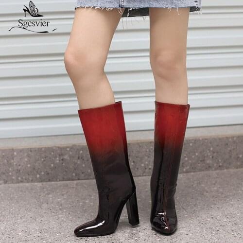 Sgesvier 2021 Women Knee High Boots Patent PU Leather Mixed Color Ladies Square High Heel Boots Chunky Boots Autumn Winter Boot