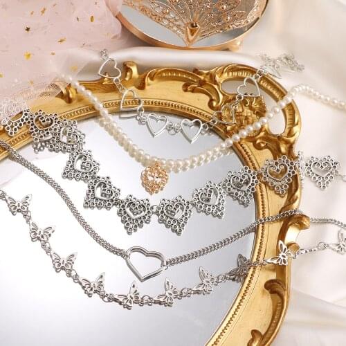 KISS WIFE Kpop Heart Chain Pearl Choker Necklace For Women Collar Goth Necklaces Fashion Jewelry Girl New Choker 2021 Trend Gift