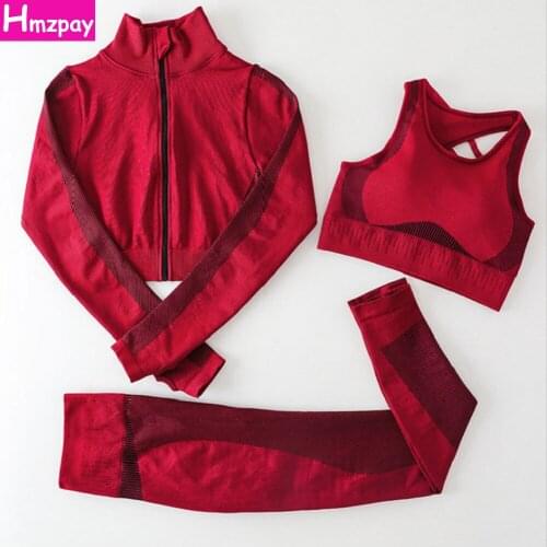 Womens Yoga Suit Zipper Long Sleeve Fitness Top Sports Bra Seamless Tights Tracksuit Running Fitness Yoga Sportswear
